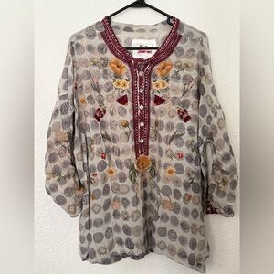 Johnny Was Biya Embroidered Long Sleeve burgundy gray Top -Style B15321B0 LARGE